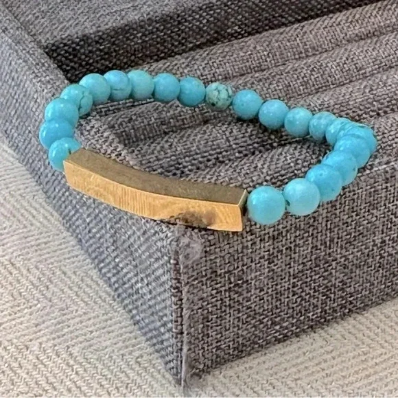 Natural Turquoise Beaded 18k PVD Stainless Steel Bar Stretch Bracelet Waterproof - Picture 4 of 6